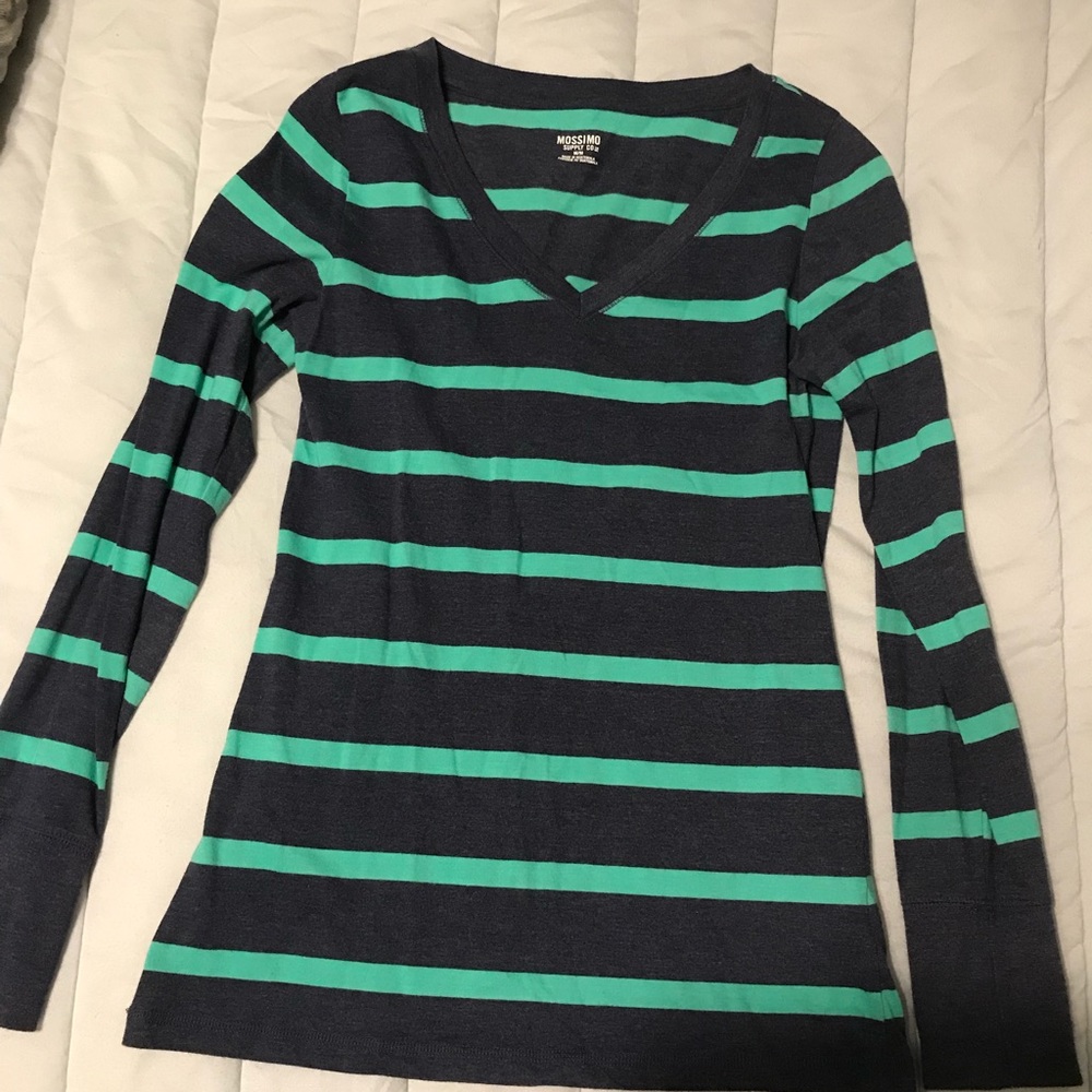 Mint & navy striped long sleeve. Medium.